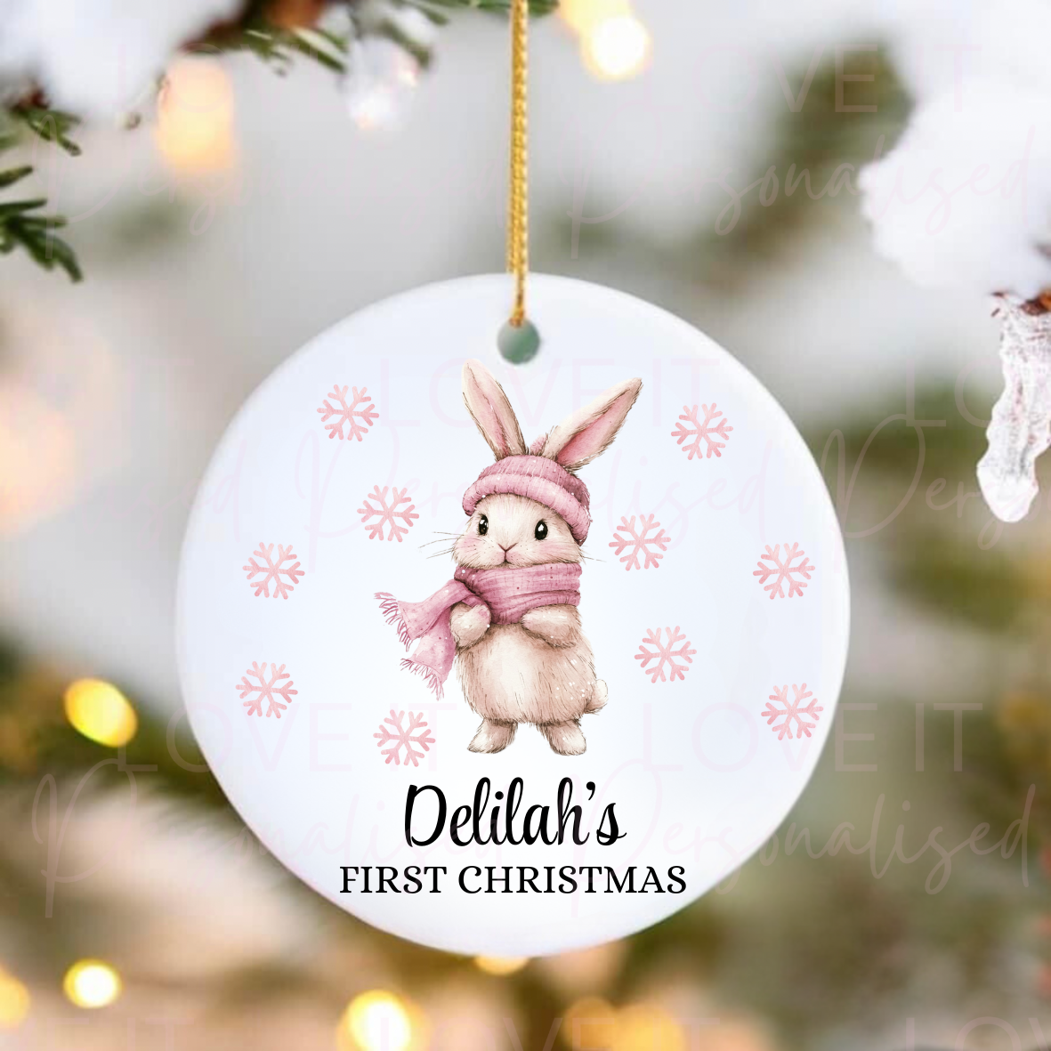 Personalised First Christmas Ceramic Ornament - Pink/Blue Rabbit Design