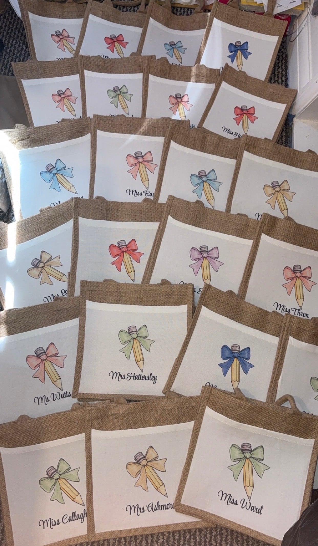 Personalised Bow Pencil Teacher Jute Tote Bag- 7 colours