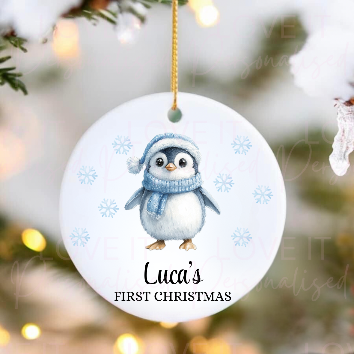 Personalised First Christmas Ceramic Ornament - Pink/Blue Penguin Design