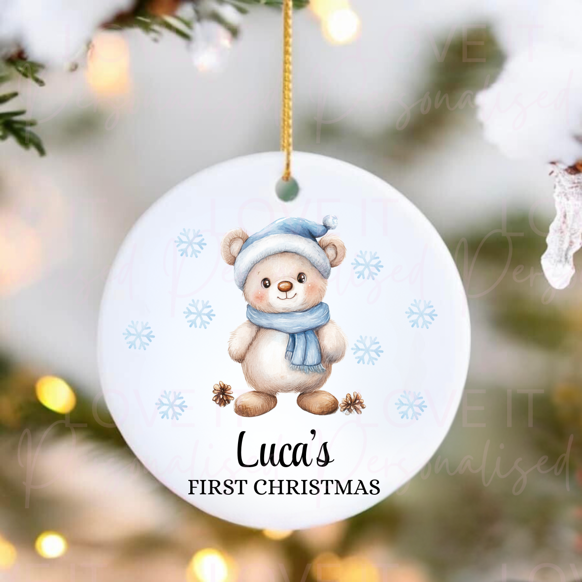 Personalised First Christmas Ceramic Ornament - Pink/Blue Bear Design