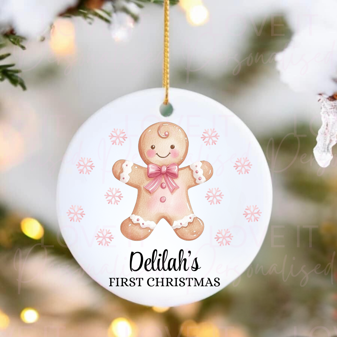 Personalised First Christmas Ceramic Ornament - Pink/Blue Gingerbread Design