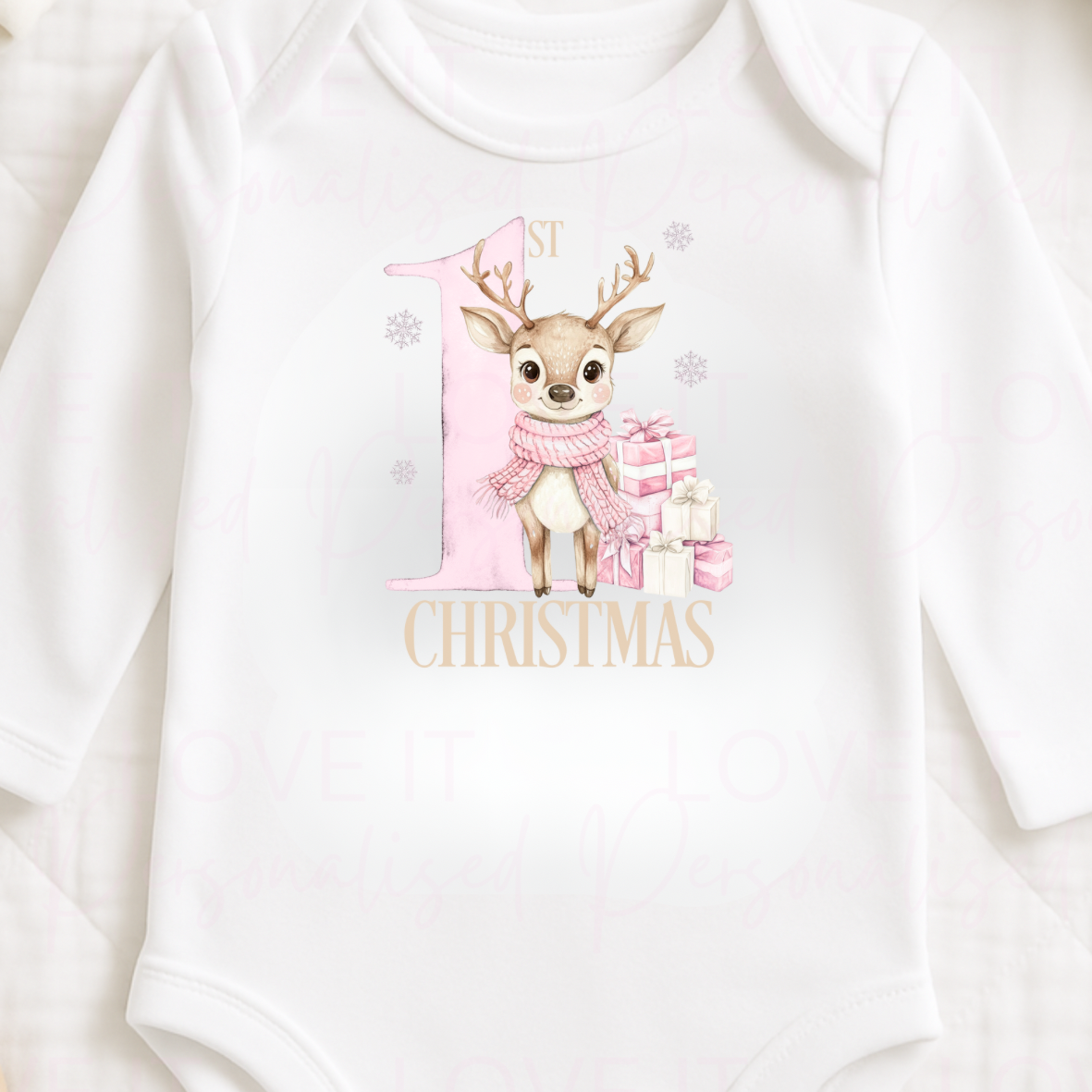 First Christmas Pink/Blue Reindeer Baby Bodysuit - Short/Long Sleeve