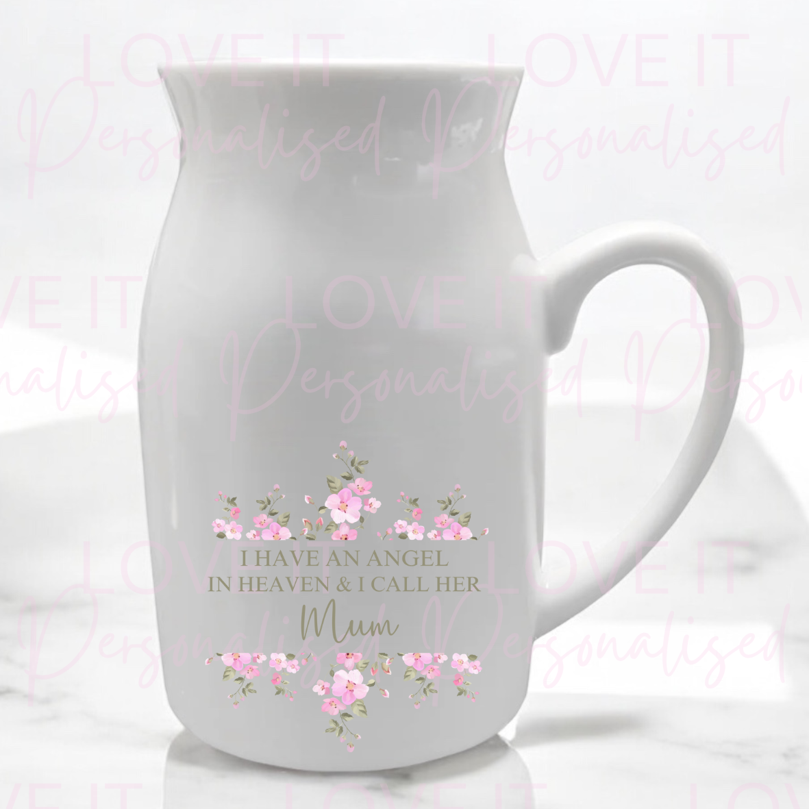 I Have A Angel In Heaven I Call… Pink Floral Ceramic Vase/Milk Jug