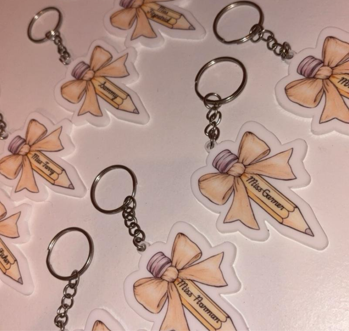 Personalised Bow Pencil Teacher Acrylic Keyring - Teacher Gift 7 Colours