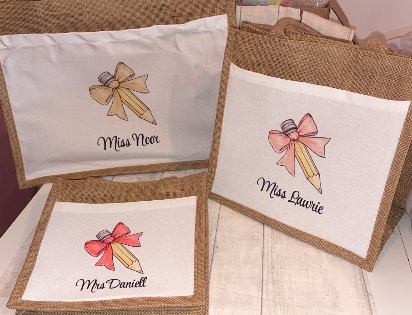 Personalised Bow Pencil Teacher Jute Tote Bag- 7 colours