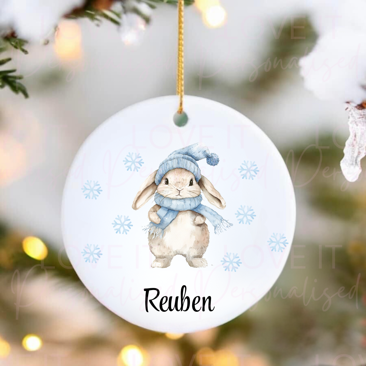 Personalised Christmas Ceramic Ornament - Pink/Blue Rabbit Design