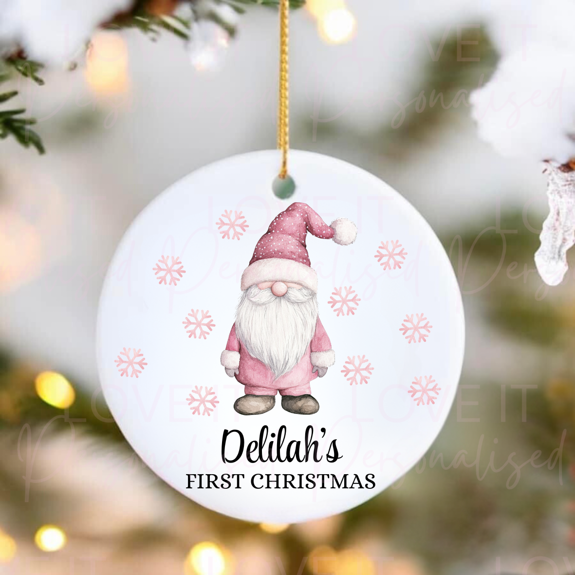 Personalised First Christmas Ceramic Ornament - Pink/Blue Gonk Design