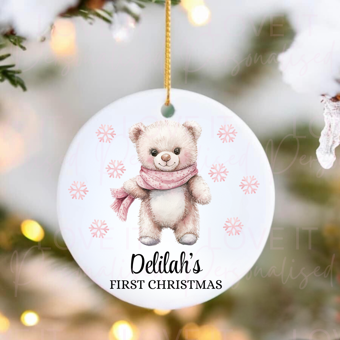 Personalised First Christmas Ceramic Ornament - Pink/Blue Bear Design