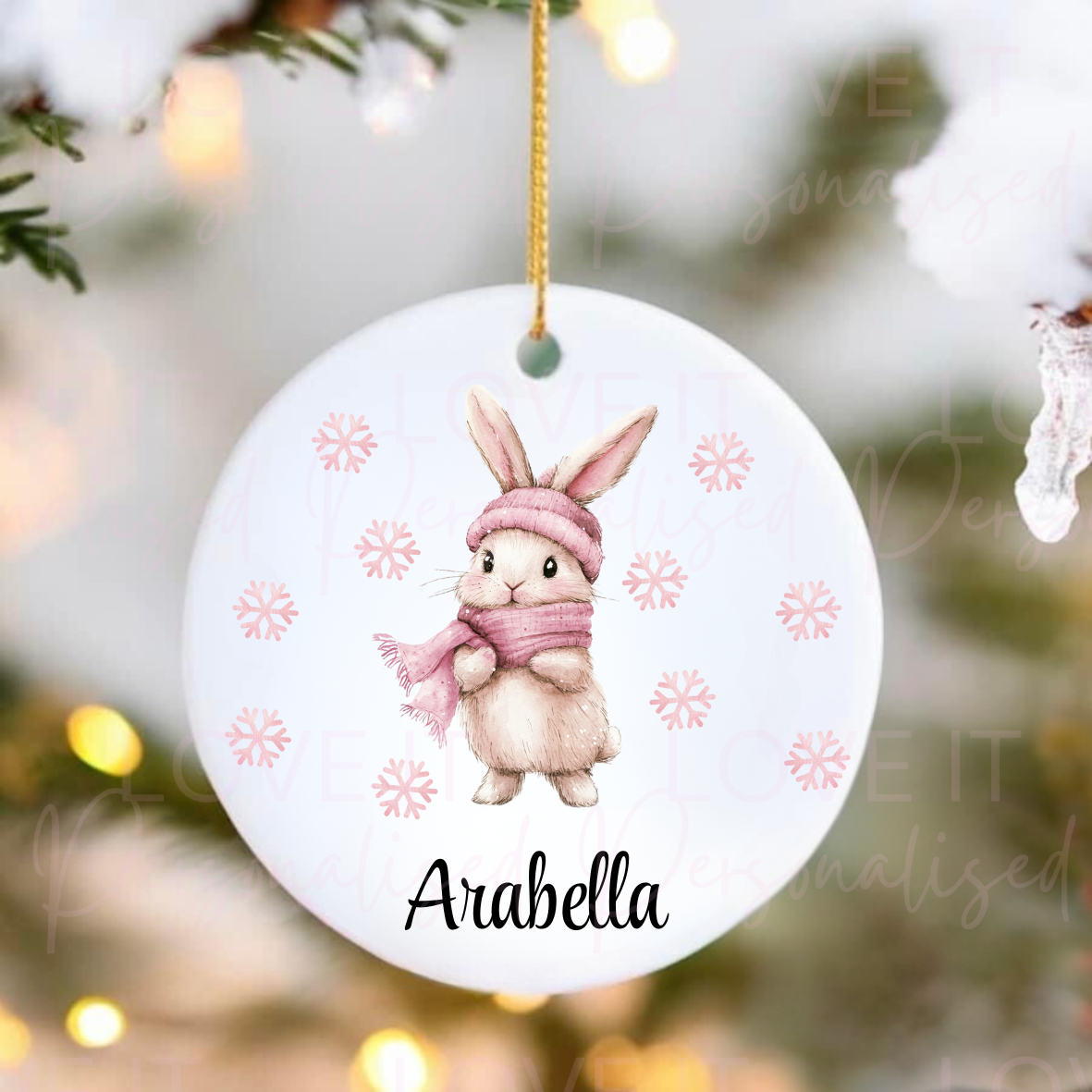 Personalised Christmas Ceramic Ornament - Pink/Blue Rabbit Design
