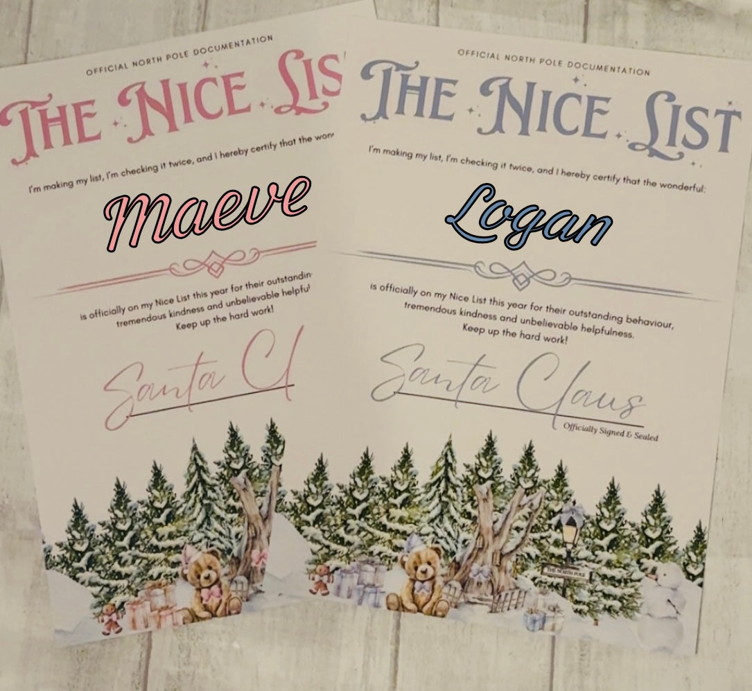 Personalised Christmas Nice List Certificate Pink Or blue