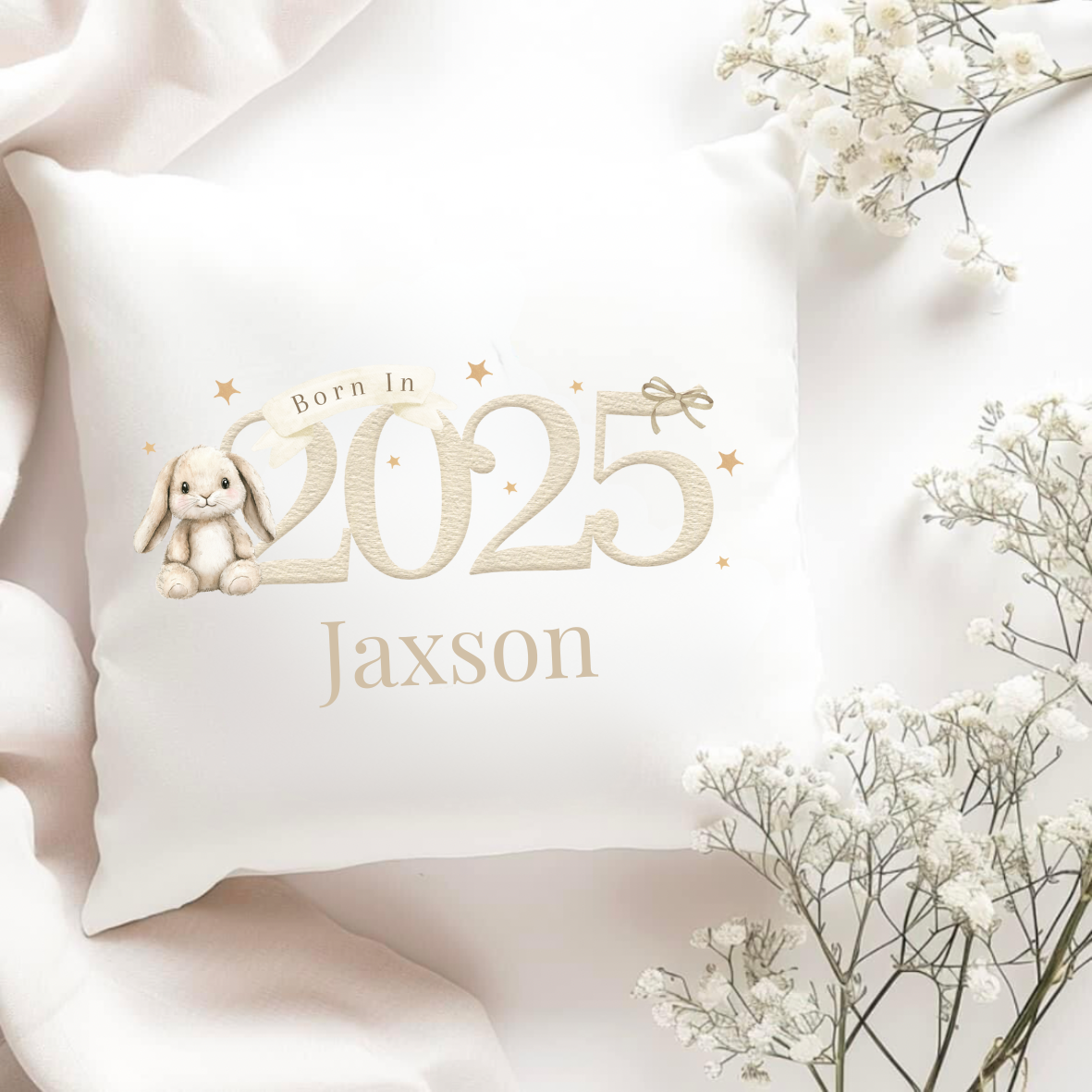 Personalised Born In 2025 Beige Bunny Cushion