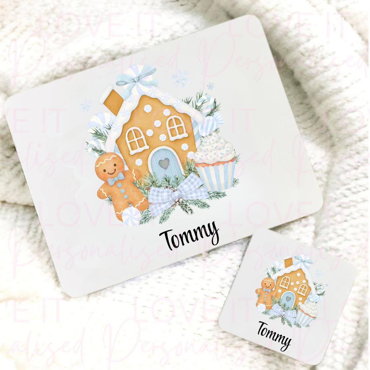 Personalised Christmas Gingerbread Placemat Set - Pink/Blue