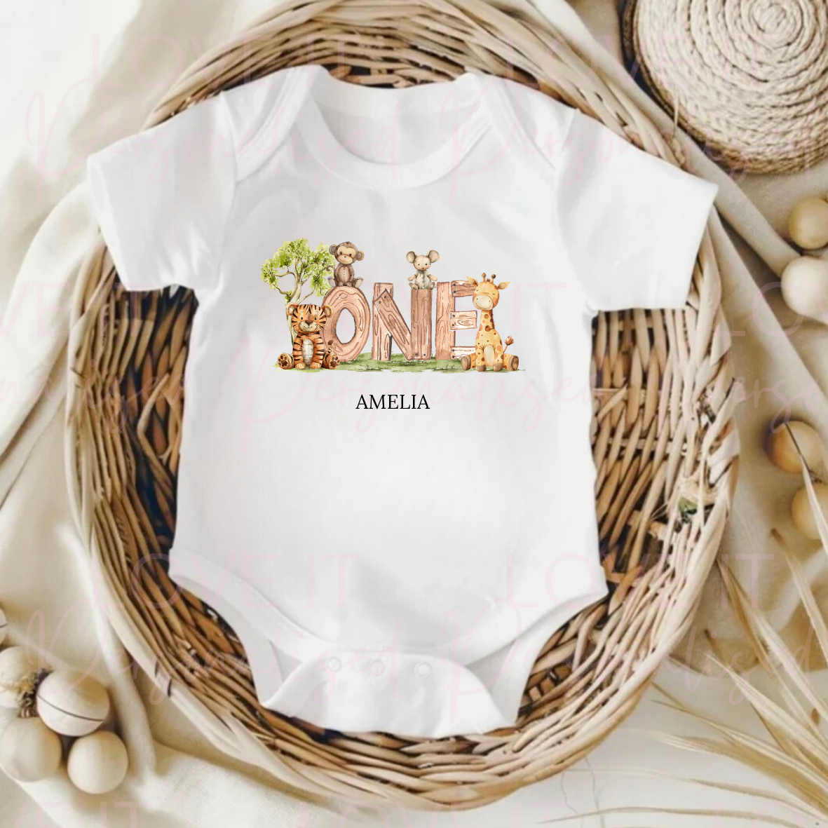 Personalised Safari Animal First Birthday Baby Bodysuit