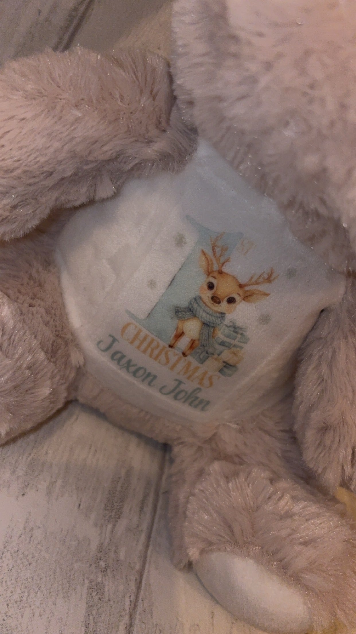 Personalised Christmas Reindeer Teddy - Pink/Blue 1st Christmas Reindeer Design
