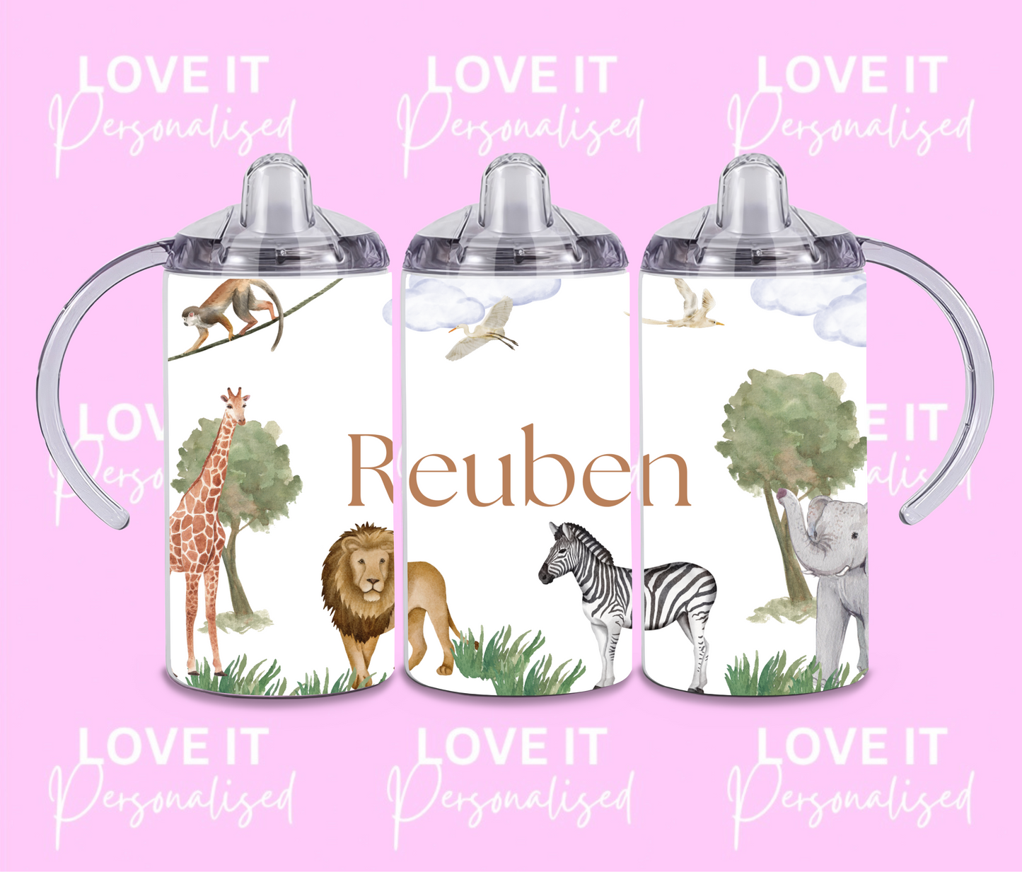 Personalised Safari Children's Sippy Cup (two lids)