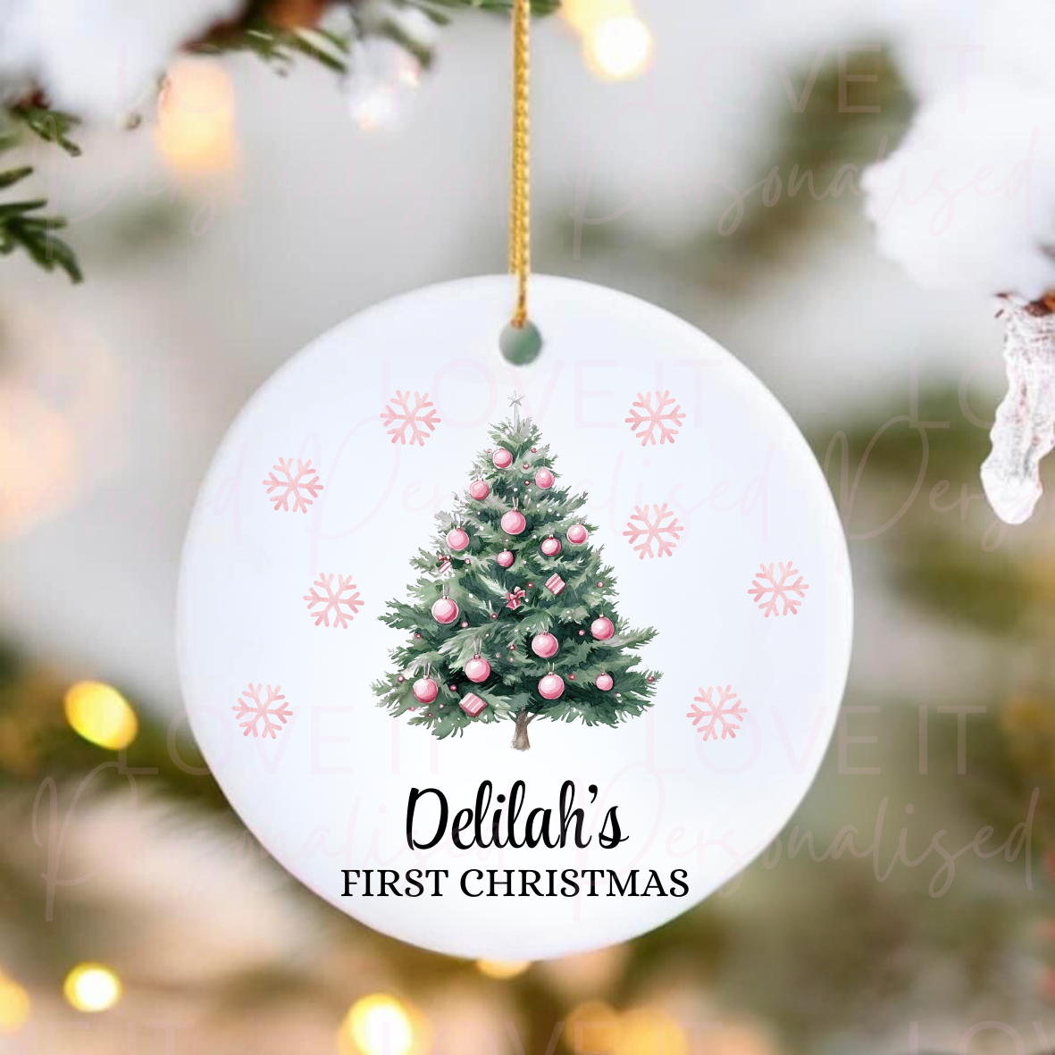 Personalised First Christmas Ceramic Ornament - Pink/Blue Tree Design