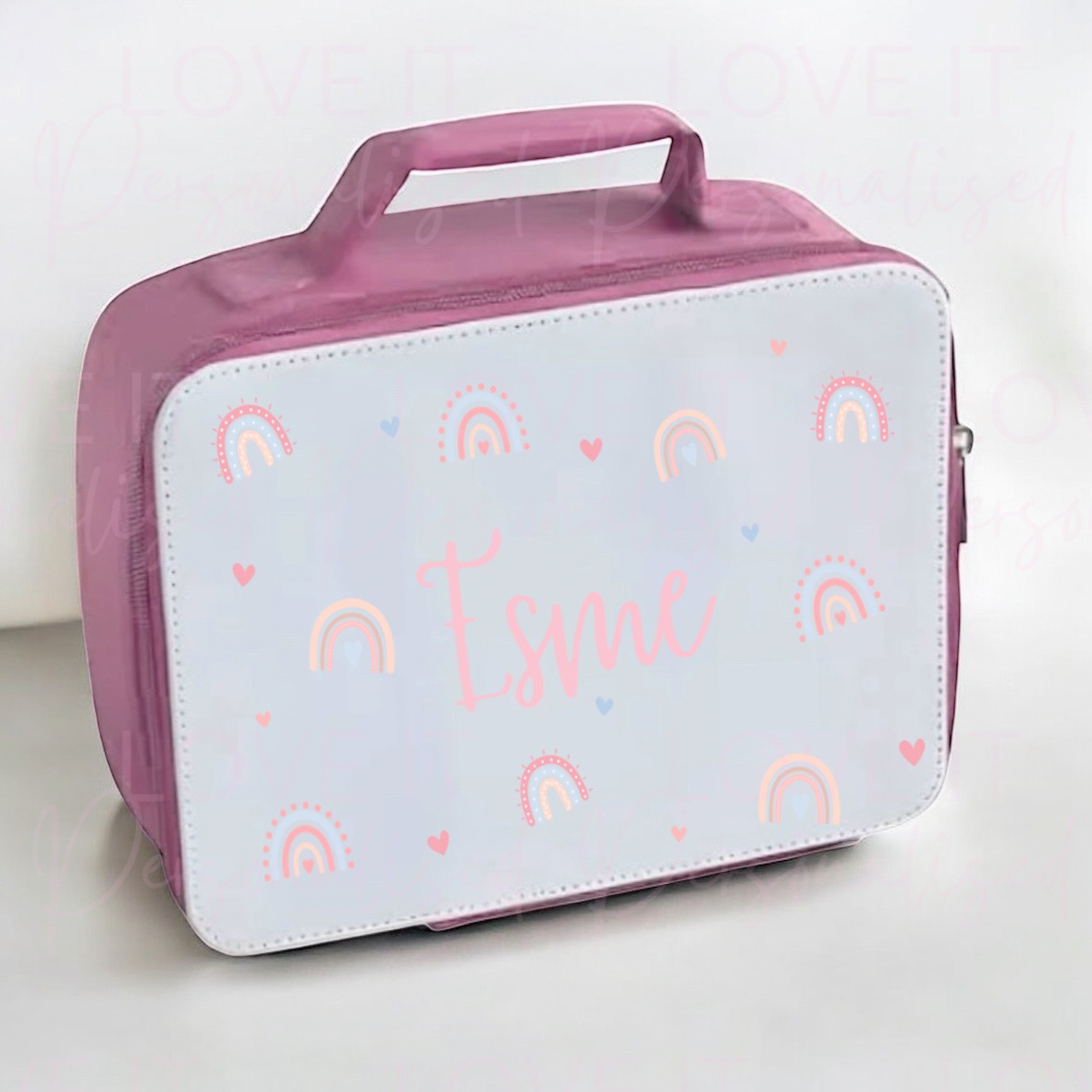 Personalised Boho Rainbow Pink Lunch Bag