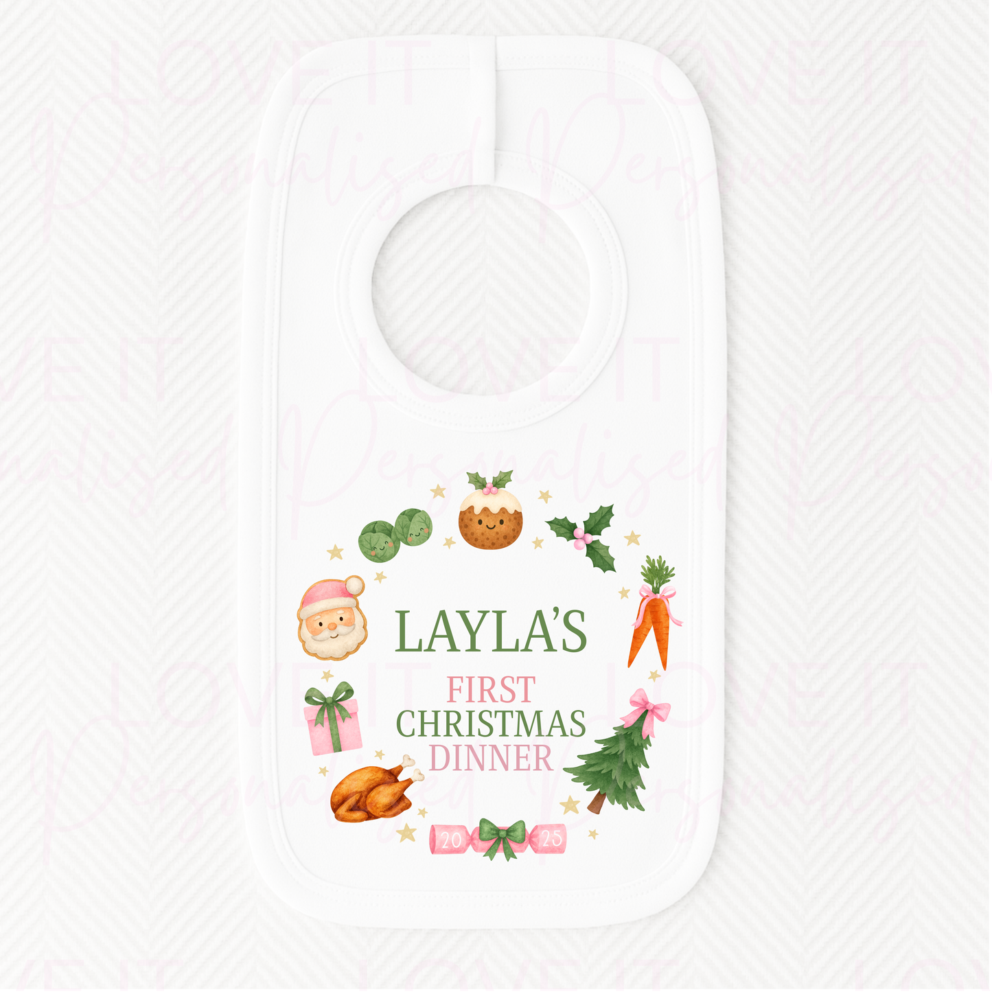 Personalised My First Christmas Dinner White Bib - Pink/Blue/Red