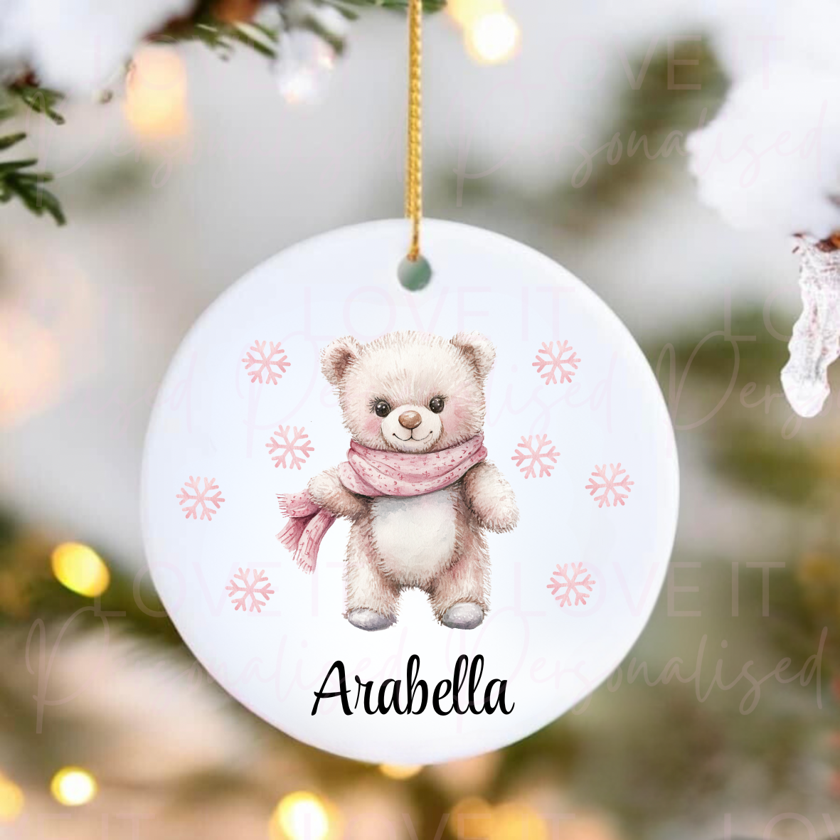 Personalised Christmas Ceramic Ornament - Pink/Blue Bear Design
