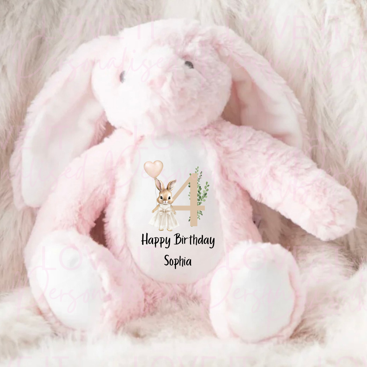 Personalised Birthday Bunny Teddy - Pink/Beige Bunny Girl Number Design
