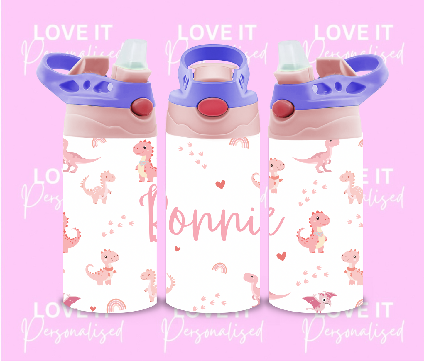 Personalised Pink Dinosaur 12oz Water Bottle