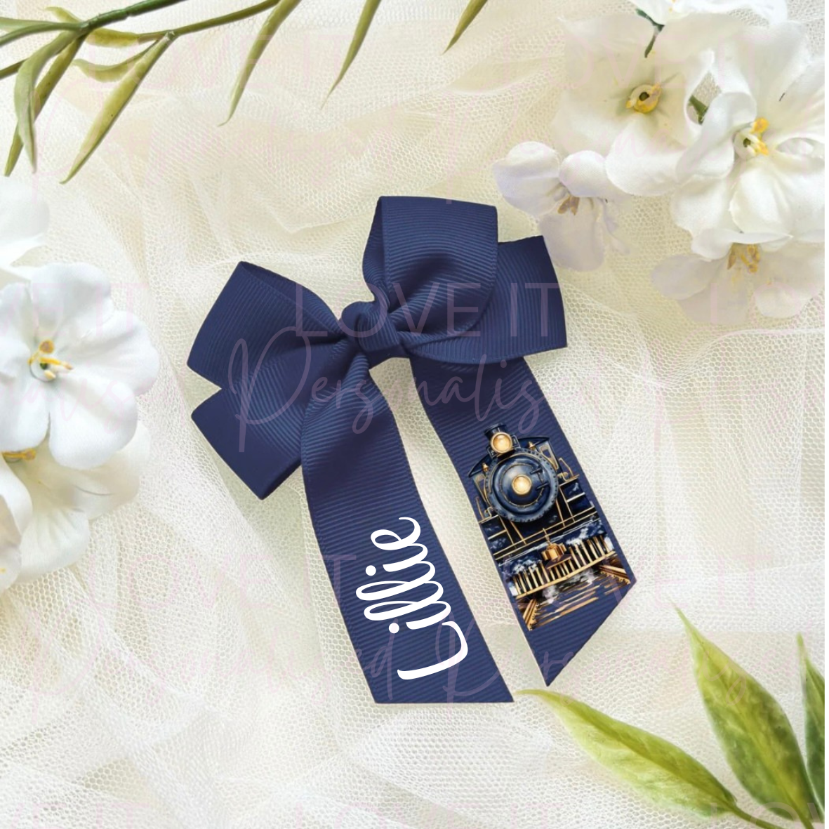 Personalised Christmas Hair Bow - Pink/Blue Train