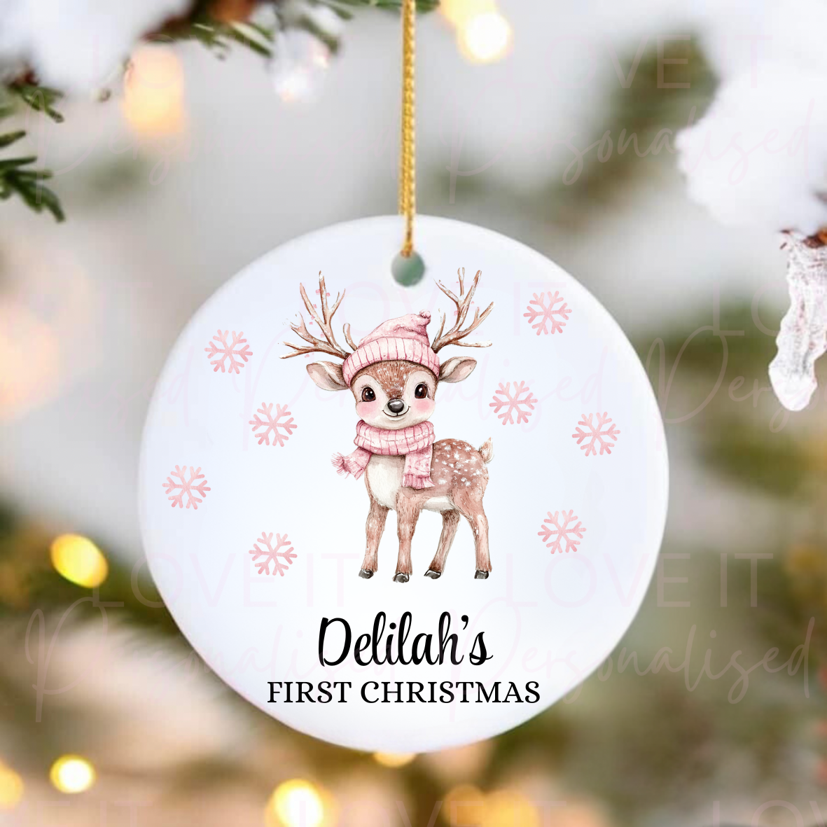 Personalised First Christmas Ceramic Ornament - Pink/Blue Baby Reindeer Design
