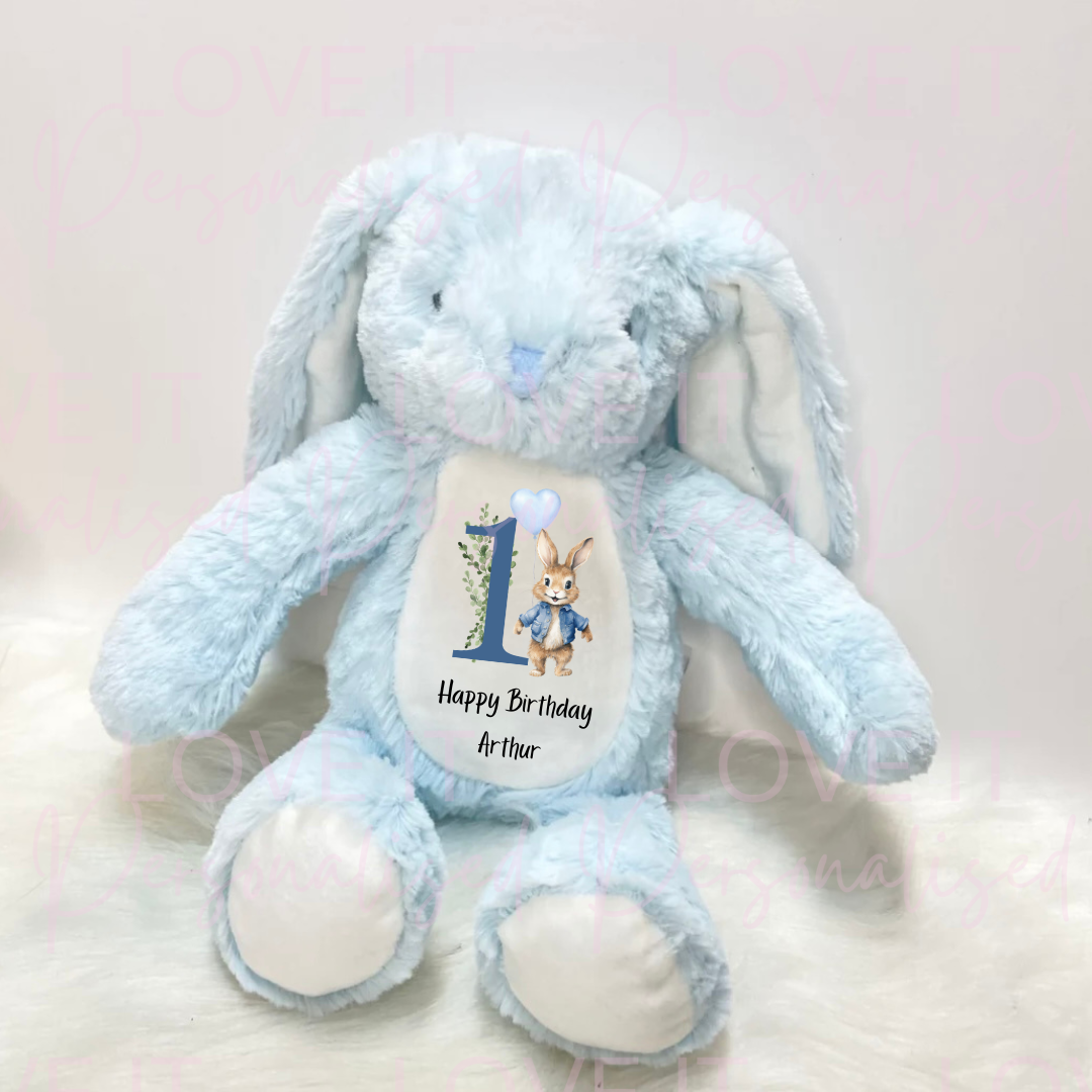 Personalised Birthday Bunny Teddy - Blue/Beige Bunny Boy Number Design