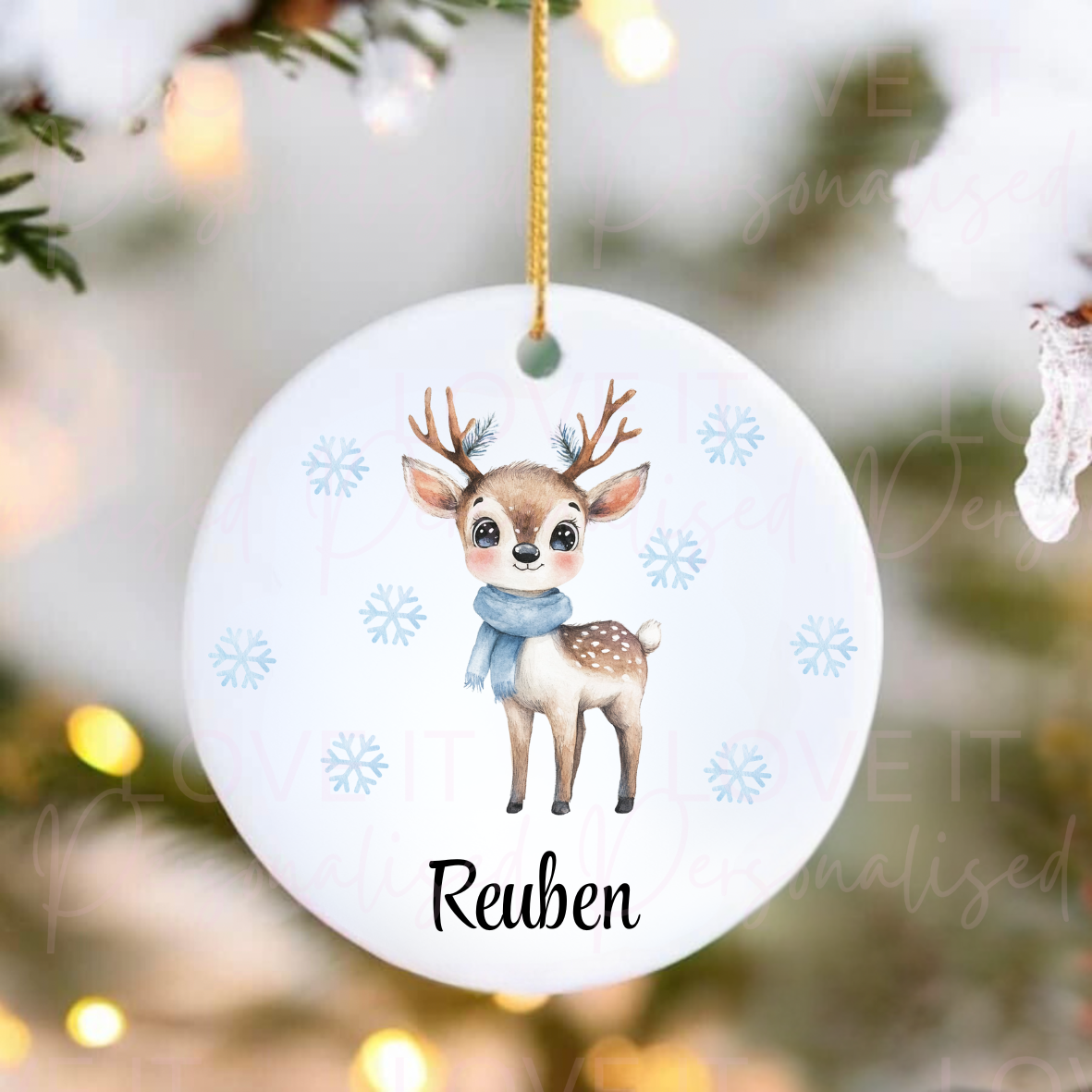 Personalised Christmas Ceramic Ornament - Pink/Blue Baby Reindeer Design