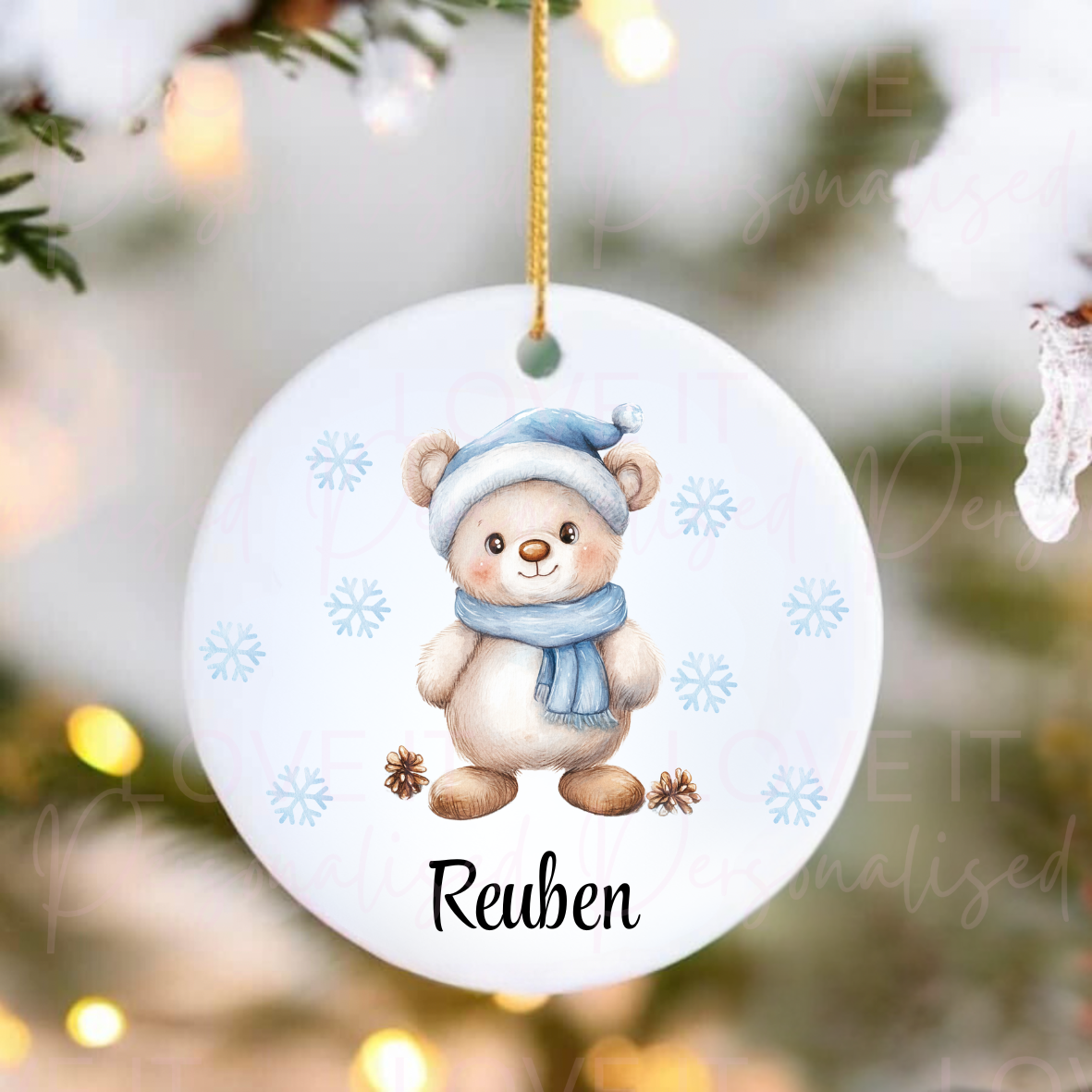 Personalised Christmas Ceramic Ornament - Pink/Blue Bear Design