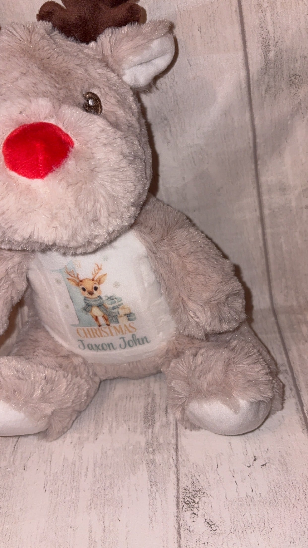 Personalised Christmas Reindeer Teddy - Pink/Blue 1st Christmas Reindeer Design
