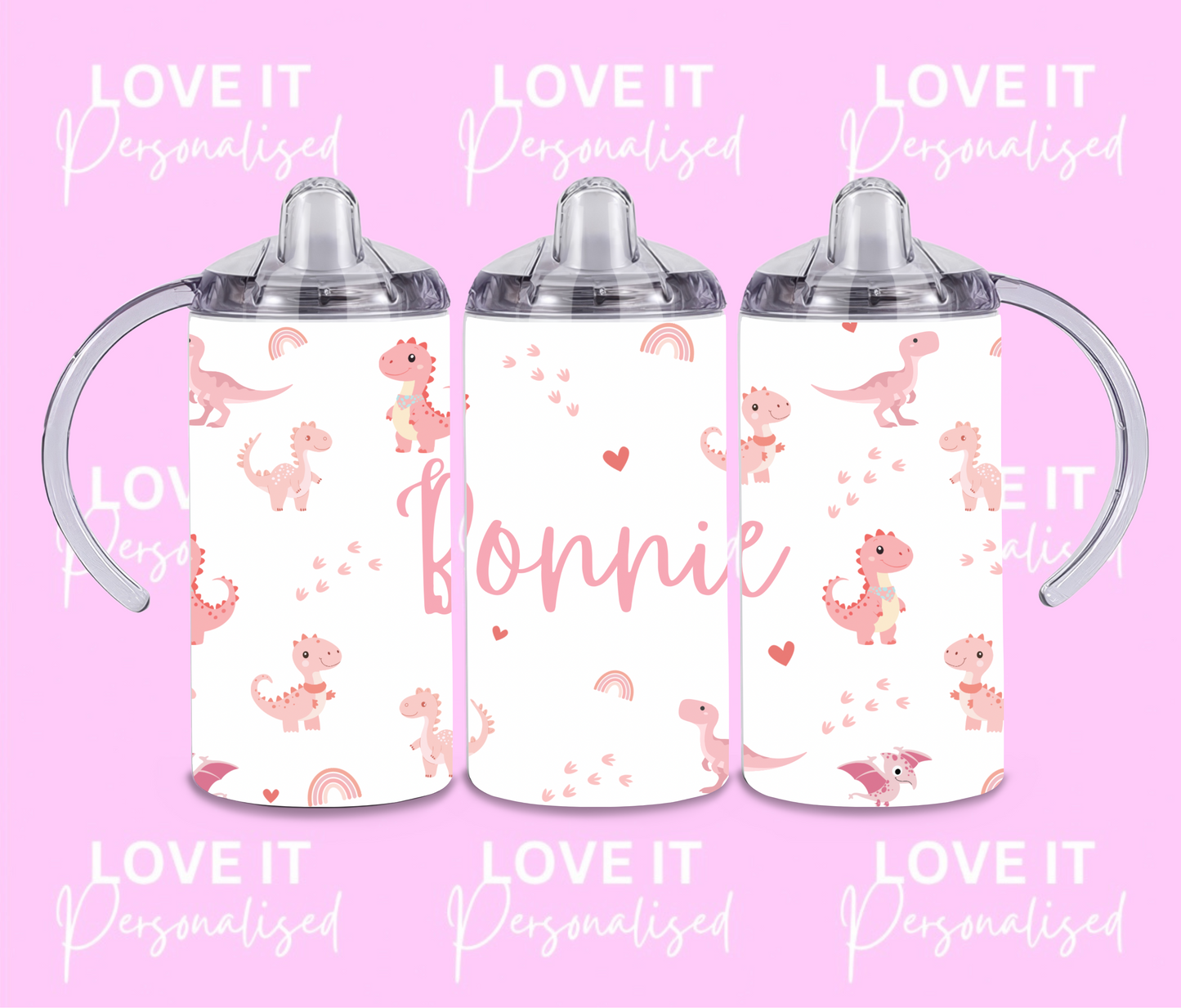 Personalised Pink Dinosaur Children's Sippy Cup (two lids)