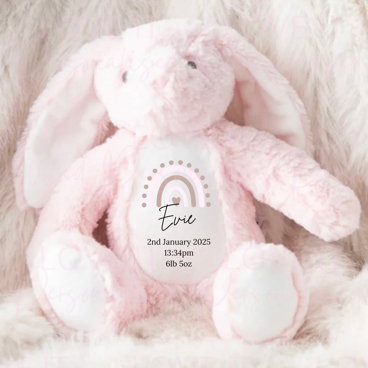 Personalised Bunny Teddy - New Baby Pink Rainbow Design