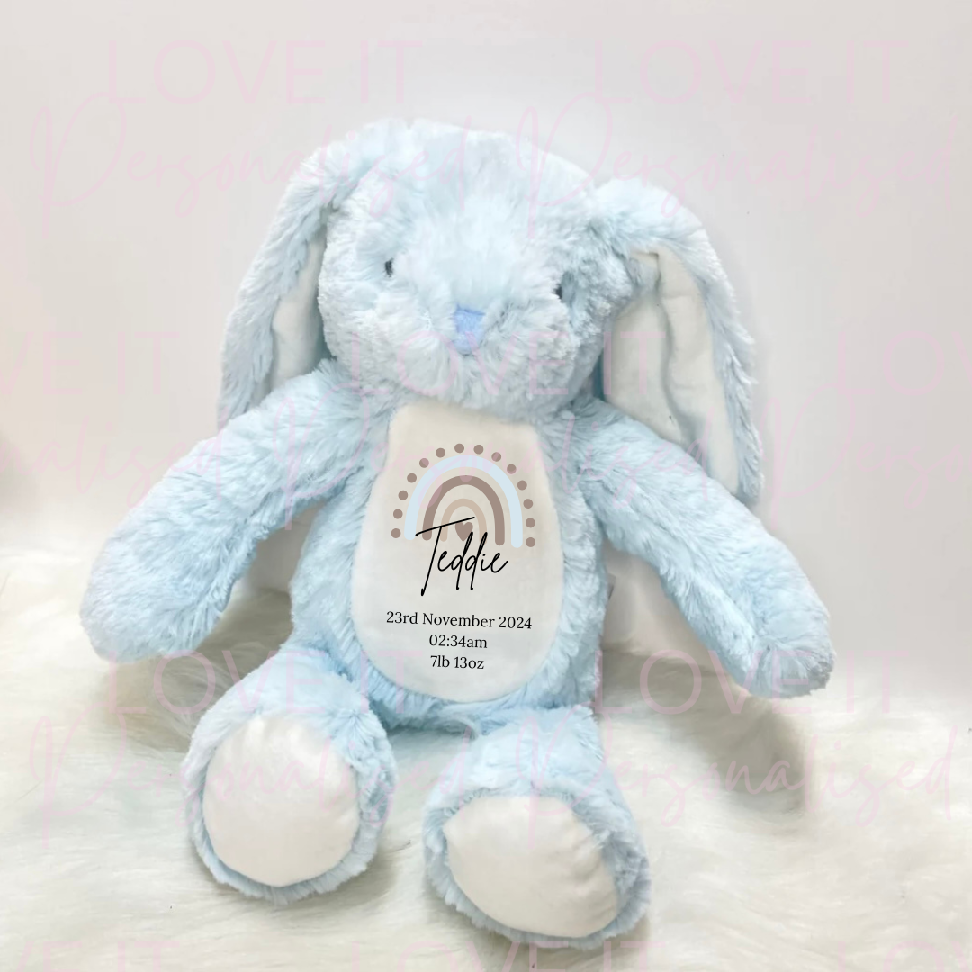 Personalised Bunny Teddy - New Baby Blue Rainbow Design