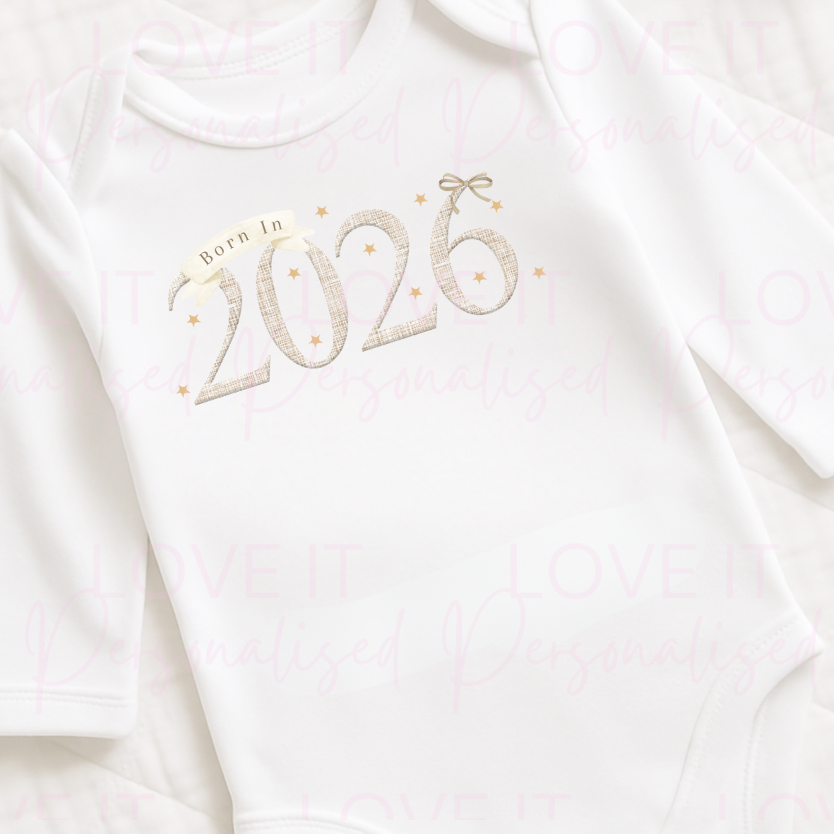 Born In 2026 Beige Baby/Pregnancy Announcement Baby Bodysuit