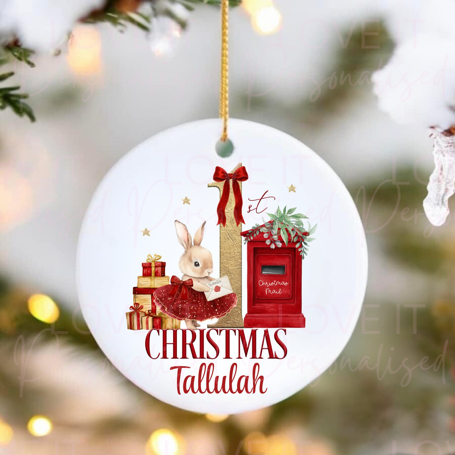 Personalised First Christmas Ceramic Ornament - Red Bear/Bunny Design