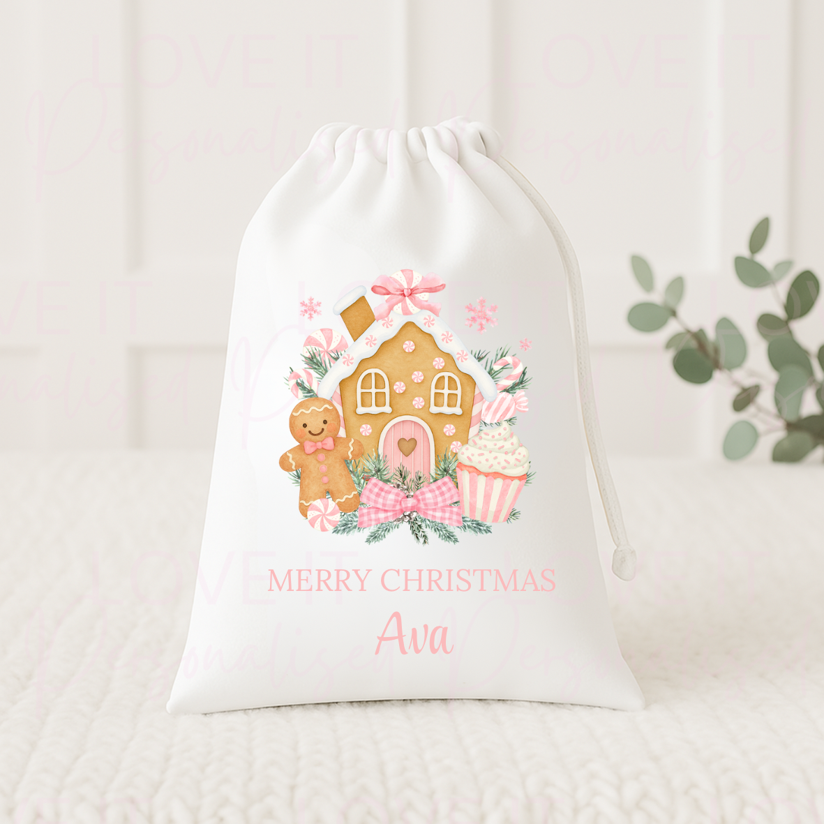 Personalised Christmas Eve Bag/Perfect for Pyjamas - Pink/Blue Gingerbread House Design
