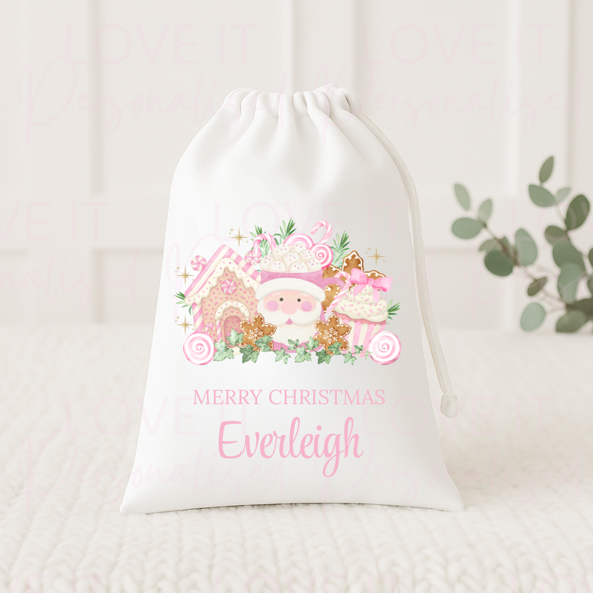 Personalised Christmas Eve Bag/Perfect for Pyjamas - Pink/Red Gingerbread Bakery Design
