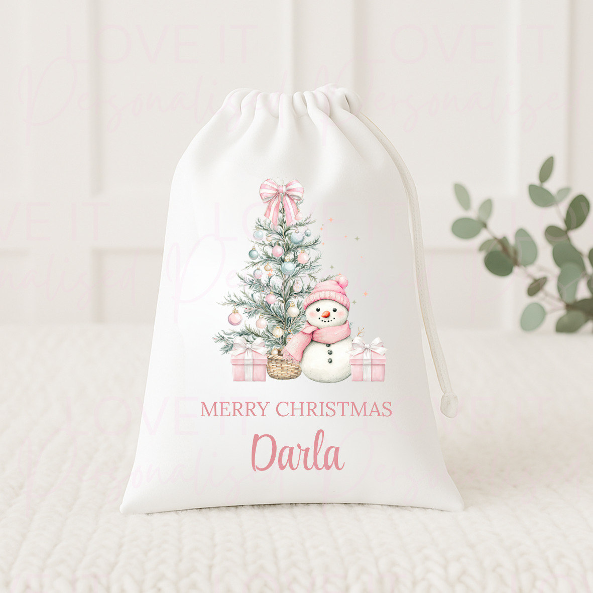 Personalised Christmas Eve Bag - Pink/Blue Snowman Design