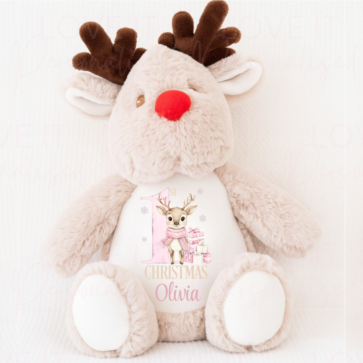 Personalised Christmas Reindeer Teddy - Pink/Blue 1st Christmas Reindeer Design