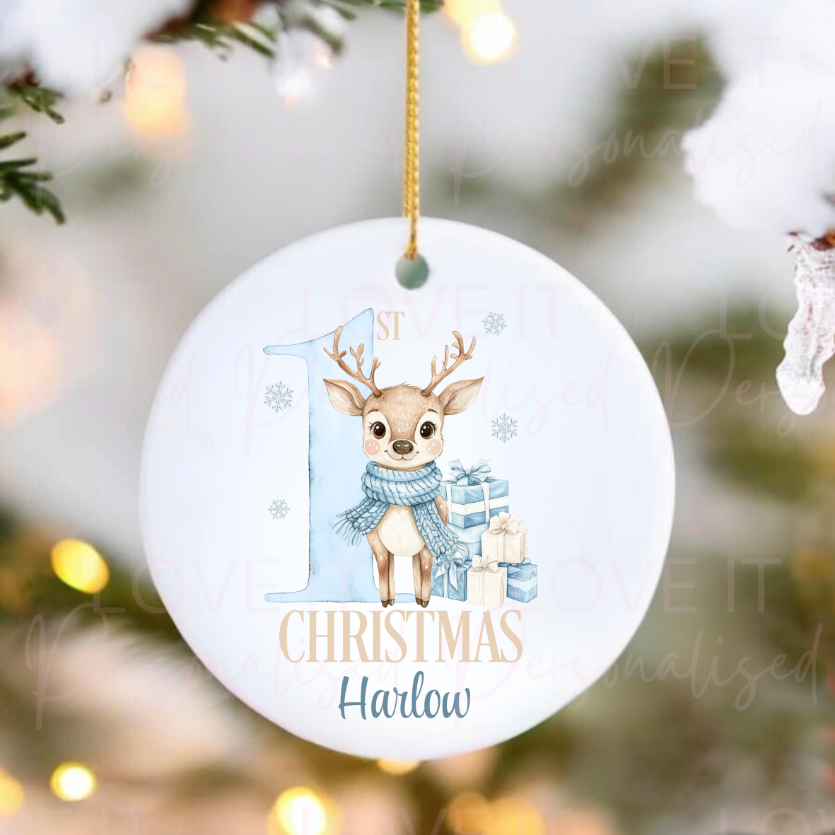 Personalised Ceramic Christmas Ornament - Pink Or Blue 1st Christmas Reindeer Design