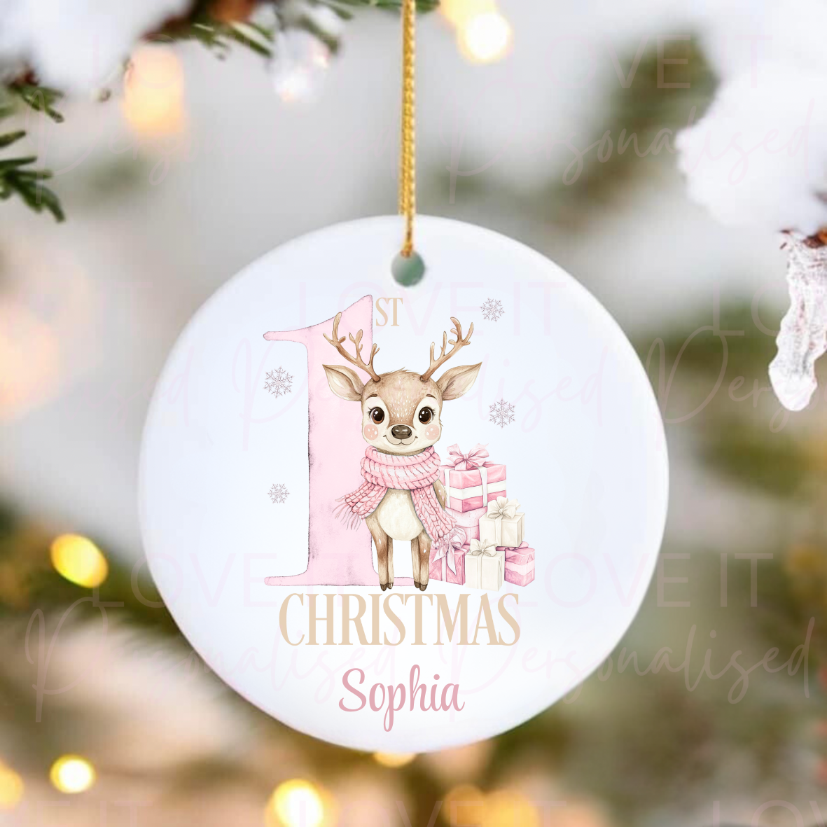 Personalised Ceramic Christmas Ornament - Pink Or Blue 1st Christmas Reindeer Design