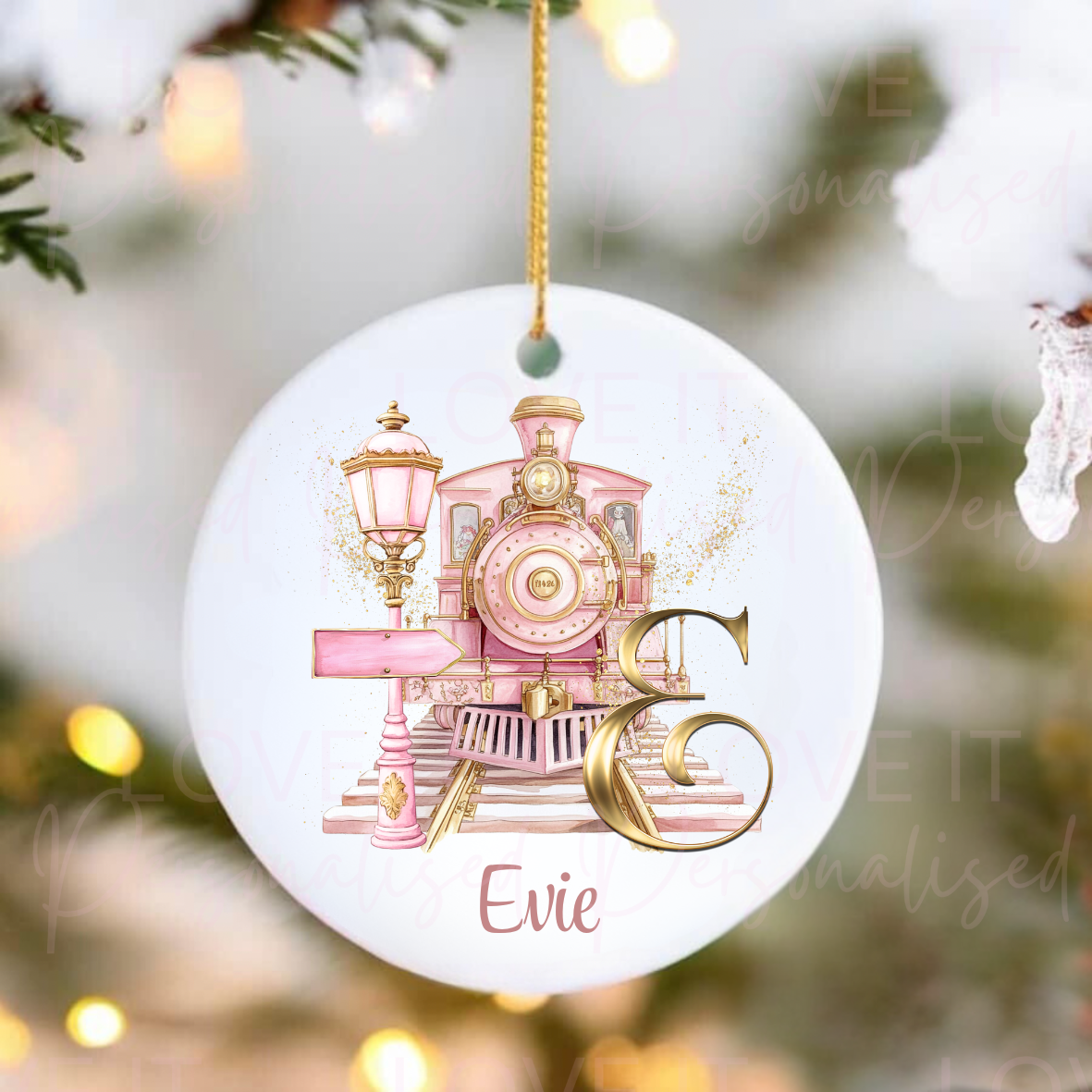 Personalised Ceramic Christmas Ornament - Pink Or Blue Train Initial Tree Christmas Design