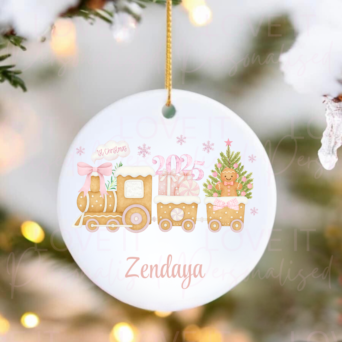 Personalised Ceramic Christmas Ornament - Pink Or Blue 1st Christmas Train Design
