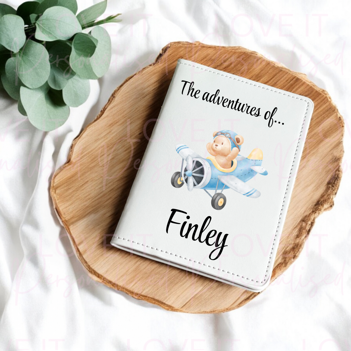 Personalised Pink/Blue Bear Plane Passport Cover