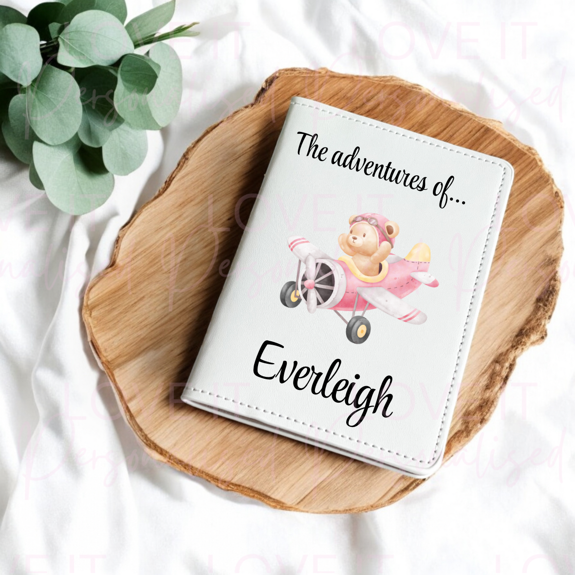 Personalised Pink/Blue Bear Plane Passport Cover