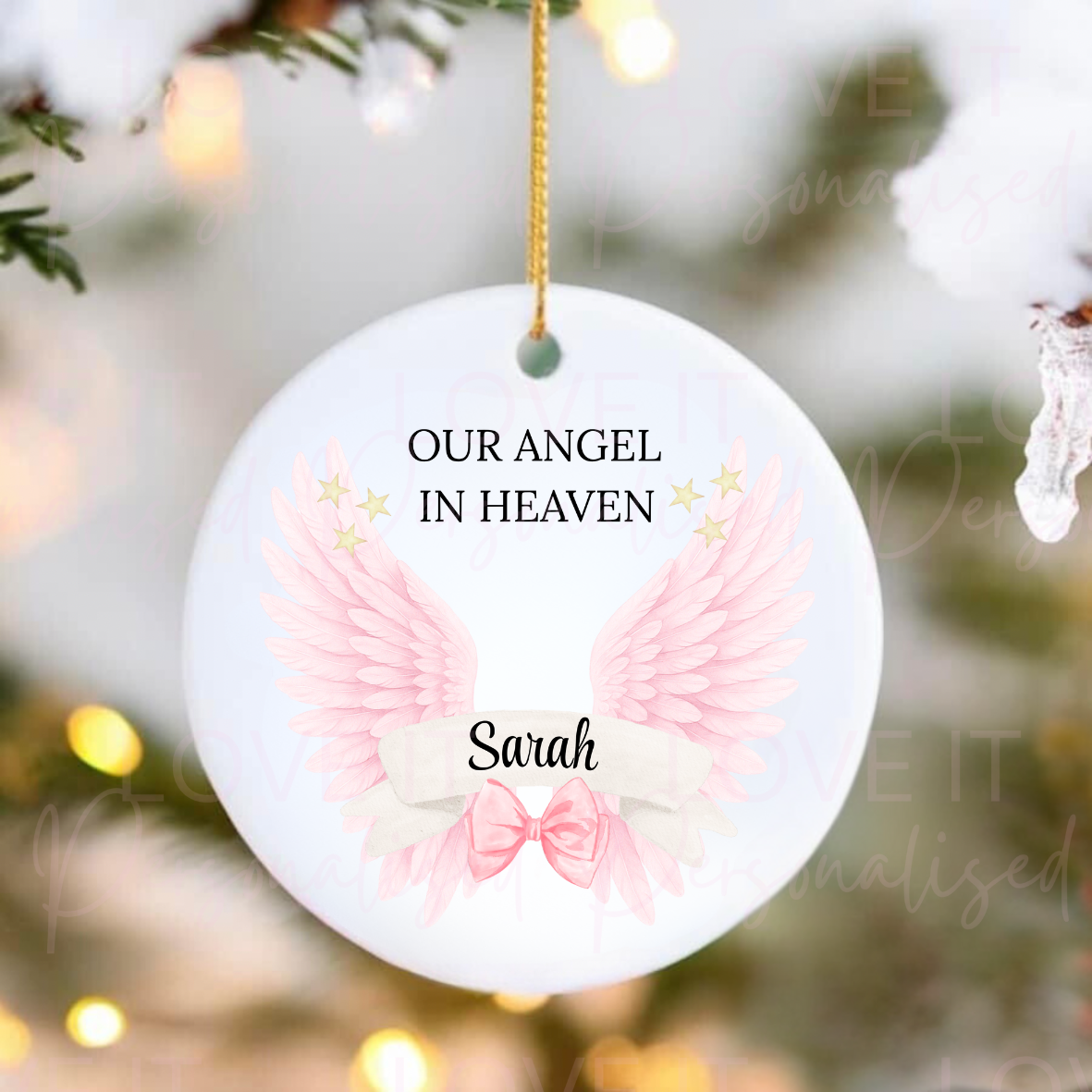 Personalised Pink Memorial Angel Wings Ceramic Ornament