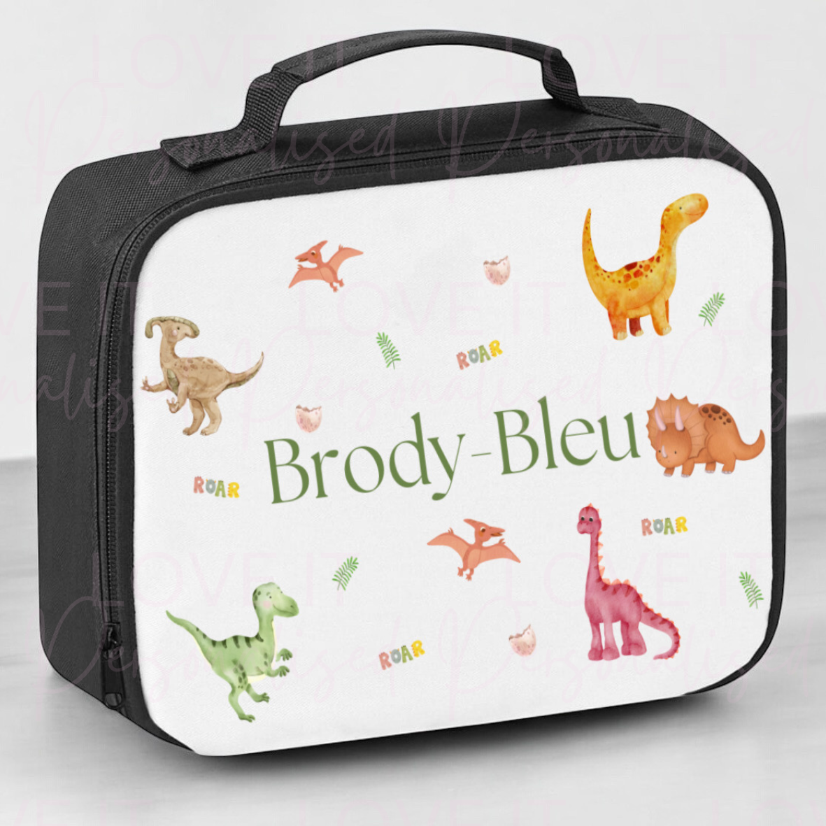 Personalised Dinosaur Black Lunch Bag