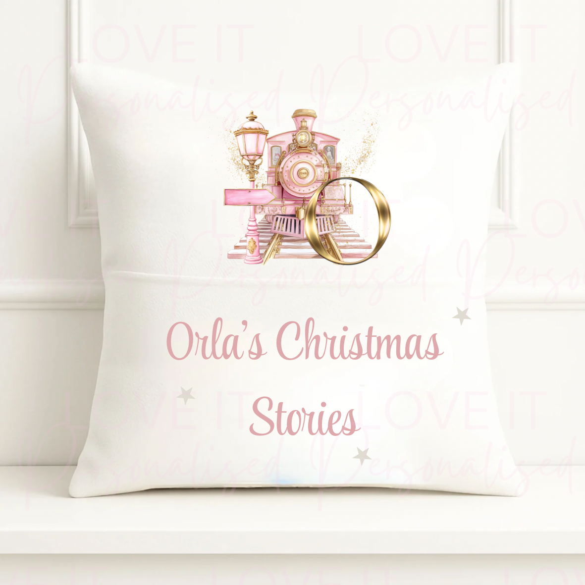Personalised Christmas Pocket Cushion - Pink Or Blue Initial Train Design - INCLUDES FREE CHRISTMAS BOOK