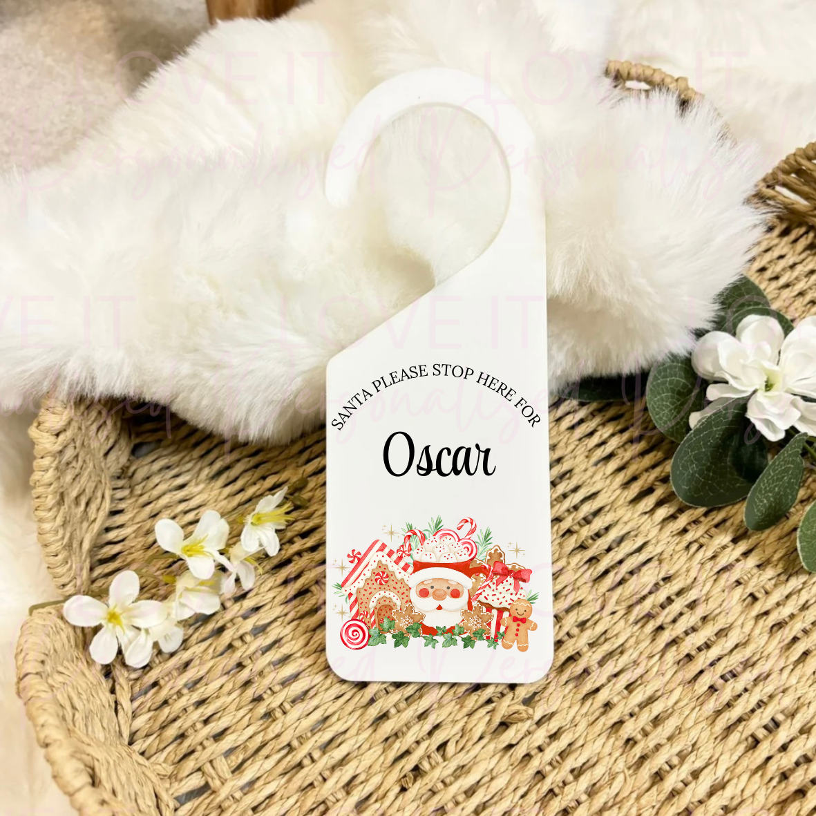Personalised Santa Stop Here Door Hanger - Gingerbread Bakery Design